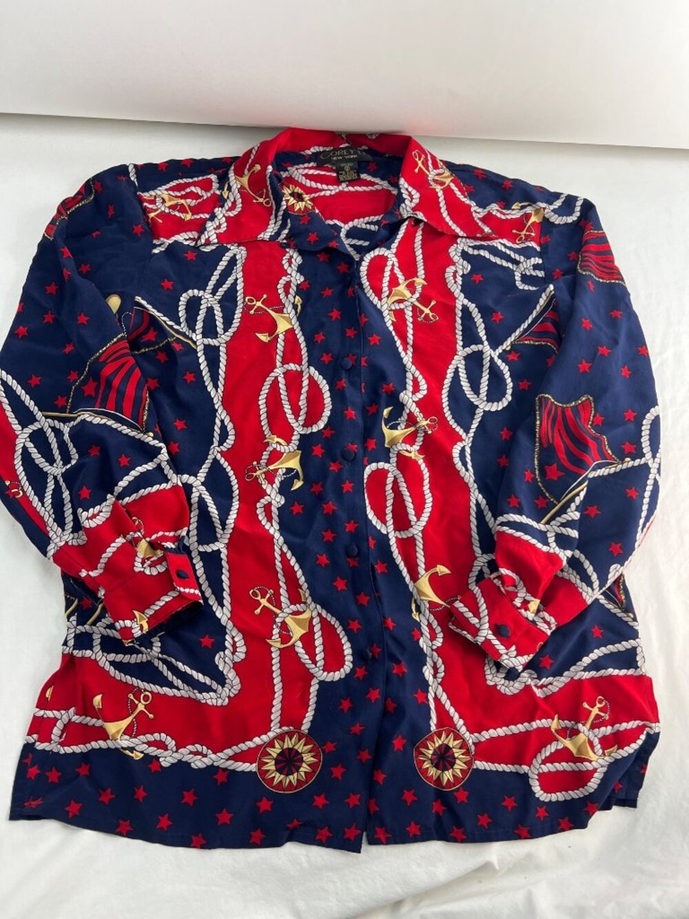 Corey B New York Nautical Print Silk Button-Up Shirt Womens Size 12 Red & Navy
